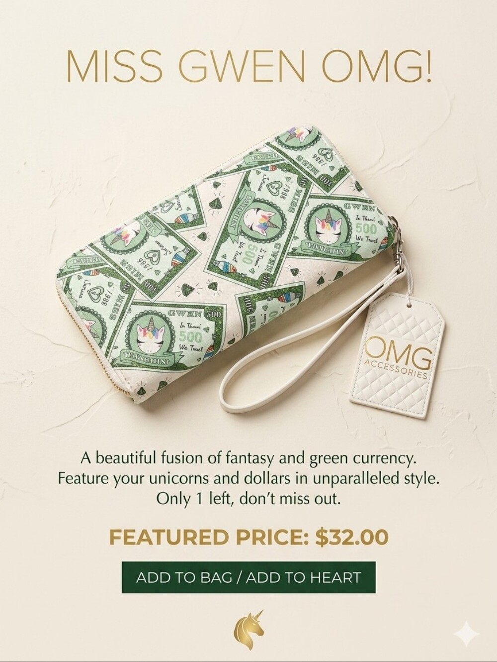 😺MISS GWEN OMG! Unicorn Money Wallet in Green money $$$$$